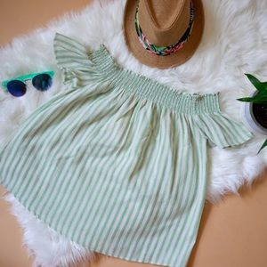 CLEARANCE Striped off the shoulders rouched top summer spring pool forever 21